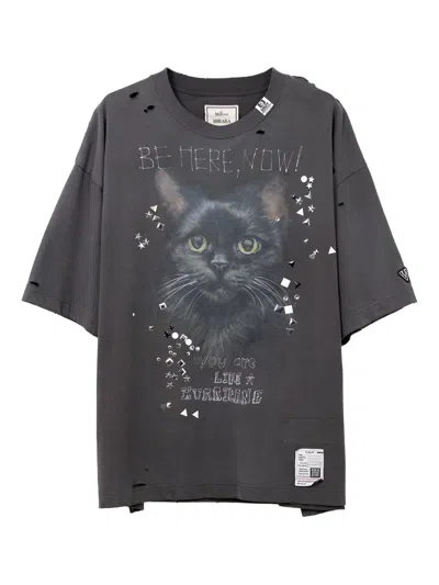 MIHARAYASUHIRO CAT-PRINT DISTRESSED T-SHIRT