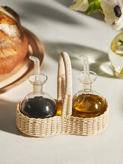 MILA MAURIZI PETUNIA HANDWOVEN WICKER AND GLASS CRUET SET