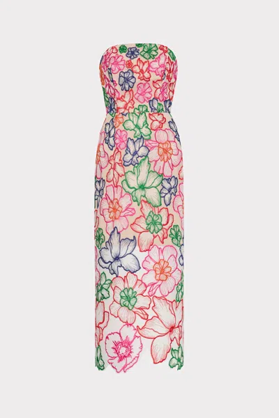 MILLY CASCADING FLORAL EMBROIDERED MIDI DRESS