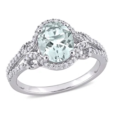 MIMI & MAX 1 3/8CT TGW AQUAMARINE 1/3CT TW DIAMOND HALO RING 10K WHITE GOLD