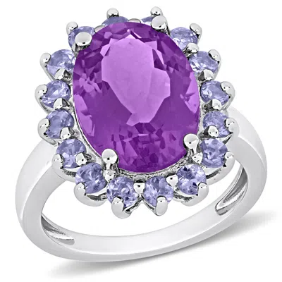 MIMI & MAX 5 7/8CT TGW OVAL AMETHYST AND TANZANITE HALO COCKTAIL RING IN STERLING SILVER