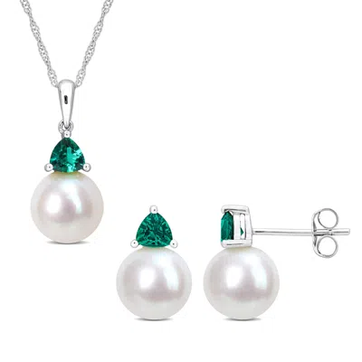 MIMI & MAX 8-8.5MM CULTURED FRESHWATER PEARL 5/8CT TGW CREATED EMERALD JEWELRY SET 10K WHITE GOLD