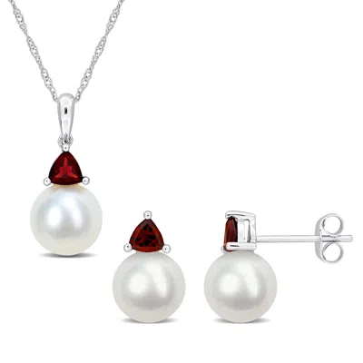 MIMI & MAX 8-8.5MM CULTURED FRESHWATER PEARL 7/8CT TGW GARNET JEWELRY SET 10K WHITE GOLD