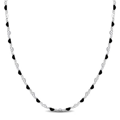 MIMI & MAX BLACK ENAMEL BEAD HEART LINK STATION NECKLACE IN STERLING SILVER - 18+1 IN.