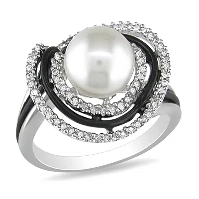 MIMI & MAX CULTURED FRESHWATER PEARL 1/4CT TDW DIAMOND HALO RING STERLING SILVER