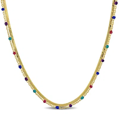 MIMI & MAX MULTI COLOR BEAD DOUBLE STRAND HERRINGBONE CHAIN NECKLACE IN YELLOW SILVER - 15+2 IN.