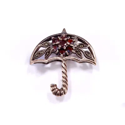MINERALGEMS ✩ STUDIO WOMEN'S SILVER / BROWN / RED VINTAGE UMBRELLA BROOCH WITH GARNETS