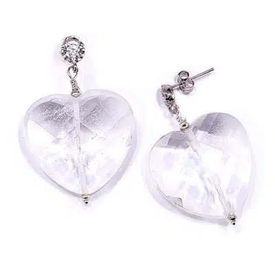 MINERALGEMS ✩ STUDIO WOMEN'S NEUTRALS / WHITE / SILVER CLEAR QUARTZ HEART EARRINGS WITH BUTTERFLY BACK