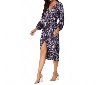 MISA SYLVIA FLORAL FAUX-WRAP MIDI DRESS IN INDIGO