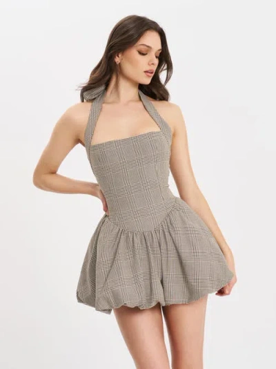 MISS CIRCLE MISS CIRCLE DACIA PLAID HALTER LACE-UP BUBBLE MINI DRESS