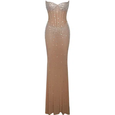 MISS CIRCLE NEW YORK WOMEN'S NEUTRALS FATIMA NUDE CRYSTAL SLEEVELESS CORSET MERMAID MAXI DRESS