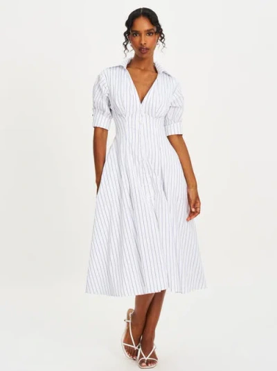 MISS CIRCLE MISS CIRCLE PALINA PINSTRIPES COTTON POPLIN PLEATED MIDI PREPPY SHIRT DRESS