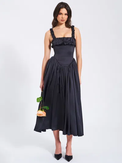 MISS CIRCLE WOMEN NOREEN BLACK SATIN DROP WAIST MAXI SUNDRESS