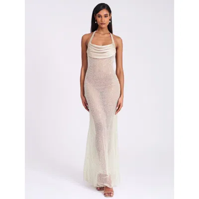 MISS CIRCLE MISS CIRCLE ZAHYA HALTER BACKLESS BEADED MESH GOWN