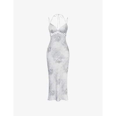 MISTRESS ROCKS WOMENS MISTRESS ROCKS MARBLE-PATTERN CUT-OUT SATIN MIDI DRESS