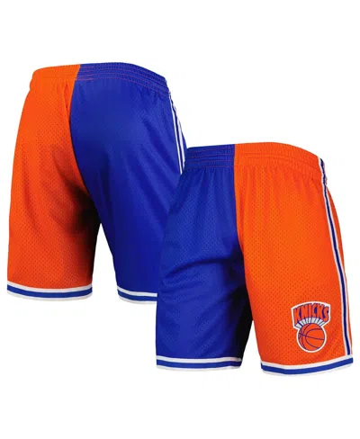 MITCHELL & NESS MEN'S MITCHELL & NESS BLUE, ORANGE NEW YORK KNICKS HARDWOOD CLASSICS 1991 SPLIT SWINGMAN SHORTS