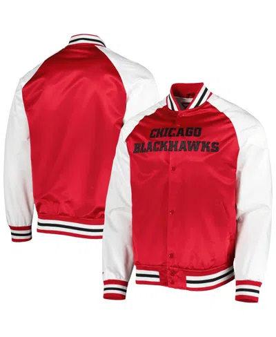 MITCHELL & NESS MEN'S MITCHELL & NESS RED, WHITE CHICAGO BLACKHAWKS PRIMETIME RAGLAN SATIN FULL-SNAP JACKET