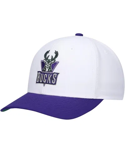 MITCHELL & NESS MEN'S MITCHELL & NESS WHITE, PURPLE MILWAUKEE BUCKS HARDWOOD CLASSICS CORE 2-TONE 2.0 PRO SNAPBACK H