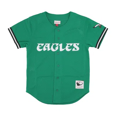 MITCHELL & NESS MEN'S T-SHIRT BUTTONS NFL ON THE CLOCK MESH BUTTON FRONT PHIEAG KELLY GREEN