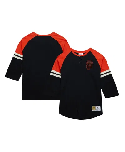 MITCHELL & NESS MEN'S BLACK SAN FRANCISCO GIANTS COOPERSTOWN COLLECTION LEGENDARY RAGLAN SLUB HENLEY 3/4-SLEEVE T-SH