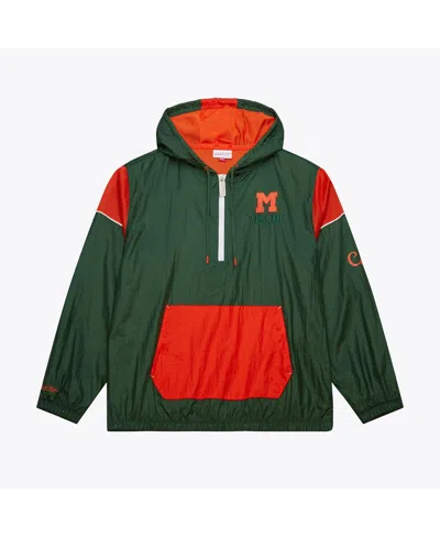 MITCHELL & NESS MEN'S GREEN MIAMI HURRICANES ANORAK VINTAGE LOGO HALF-ZIP HOODIE JACKET