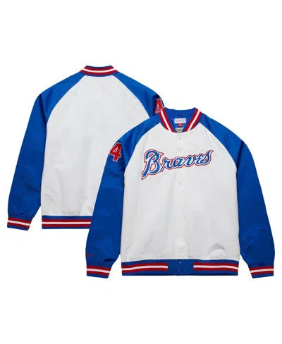 MITCHELL & NESS MEN'S HANK AARONÂ WHITE/ROYAL ATLANTA BRAVES COOPERSTOWN COLLECTION LEGENDS LIGHTWEIGHT SATIN RAGLAN