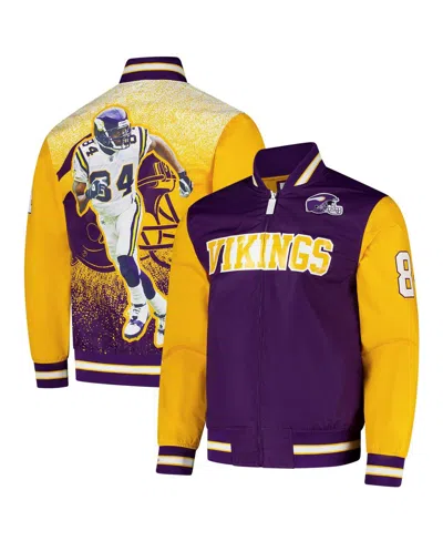 MITCHELL & NESS MEN'S RANDY MOSS PURPLE MINNESOTA VIKINGS RETIRED PLAYER SATIN FULL-ZIP JACKET