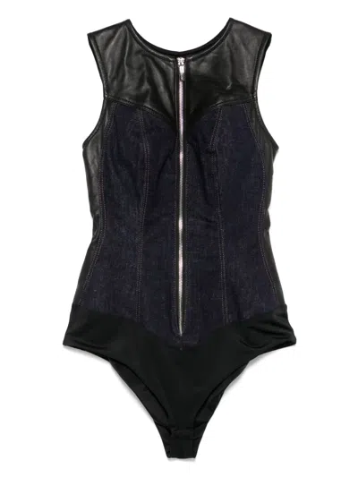 MITILIANE COUTURE LEATHER-INSERT DENIM BODYSUIT