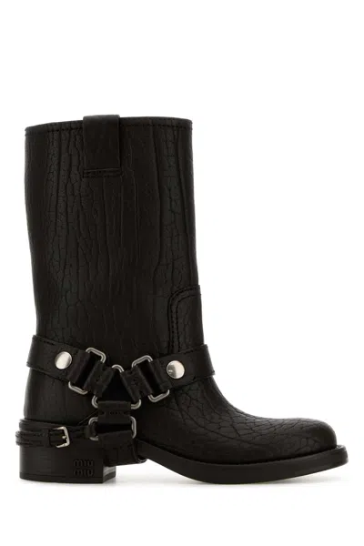 MIU MIU MIU MIU DARK BROWN LEATHER ANKLE BOOTS