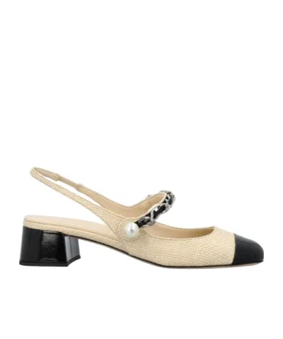MIU MIU PATENT LEATHER AND RAFFIA SLINGBACK PUMPS