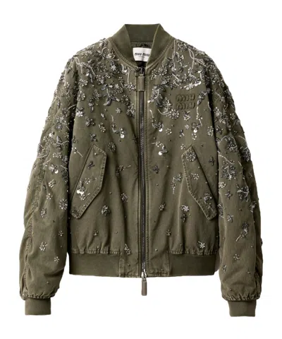 MIU MIU MIU MIU FLORAL-EMBROIDERED ZIPPED BOMBER JACKET