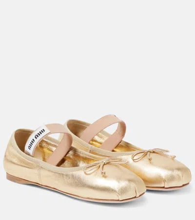 MIU MIU METALLIC LEATHER BALLET FLATS