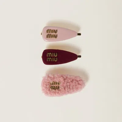 MIU MIU SET OF LEATHER, SUEDE, AND SHEARLING HAIR CLIPS