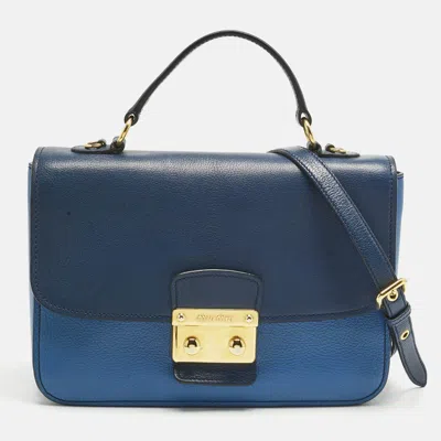 MIU MIU TWO TONE BLUE MADRAS LEATHER PUSH LOCK FLAP TOP HANDLE BAG