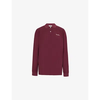 MIU MIU WOMENS SCRIPT-EMBROIDERY LONG-SLEEVE COTTON-PIQUÉ POLO SHIRT AMARANTO