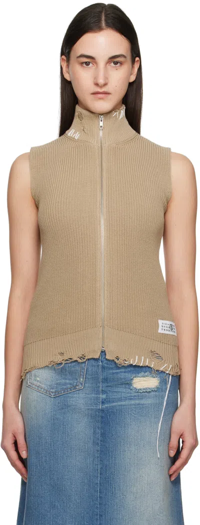 MM6 MAISON MARGIELA BEIGE EATEN KNIT LOGO ZIP UP VEST
