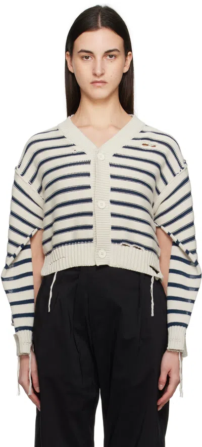 MM6 MAISON MARGIELA OFF-WHITE & NAVY V-NECK CARDIGAN