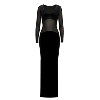 MODA GLAM WOMEN'S ENIGMA VELVET & SHEER MESH GOWN- BLACK