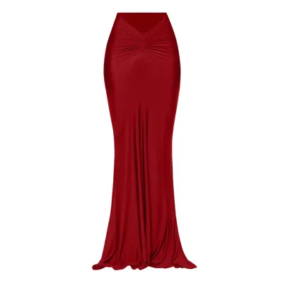 MODA GLAM WOMEN'S RED RUCHED FRONT MAXI SKIRT- BURGUNDY