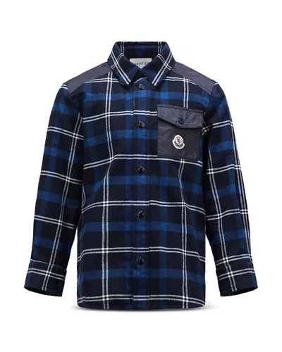 MONCLER BOYS' COTTON & NYLON MIXED MEDIA PLAID BUTTON DOWN SHIRT - BIG KID