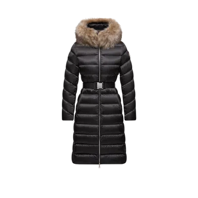 MONCLER MONCLER LEERSIE HOODED SHEARLING-TRIMMED LONG DOWN JACKET, WOMEN, BLACK, SIZE: 4