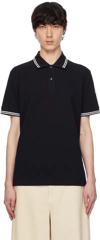 MONCLER NAVY STRIPED TRIM COTTON PIQUET POLO