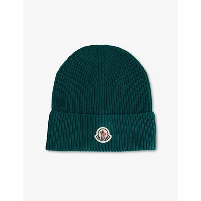 MONCLER MENS GREEN BRAND-PATCH RIBBED-KNIT COTTON BEANIE HAT