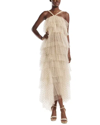 MONIQUE LHUILLIER HALTER NECK TIERED DOTTED COCKTAIL DRESS