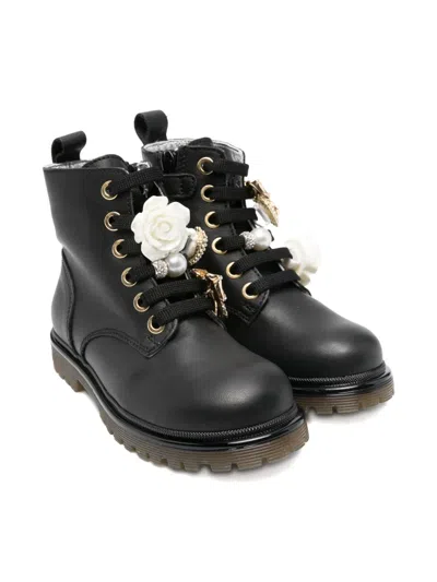 MONNALISA AMPHIBIAN LACE-UP FLOWER-EMBELLISHED BOOTS