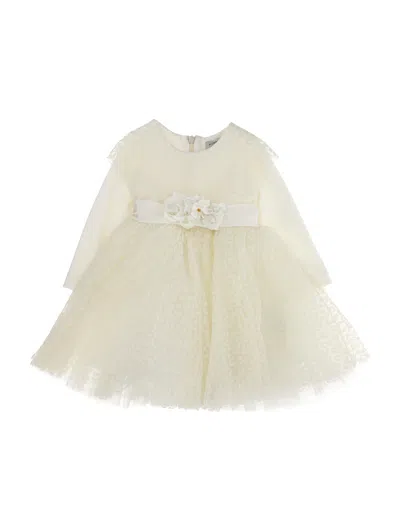 MONNALISA EMBROIDERED TULLE DRESS WITH BELT