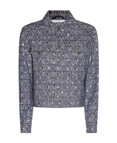MOSCHINO MOSCHINO ALLOVER LOGO RHINESTONE BUTTON-UP JACKET