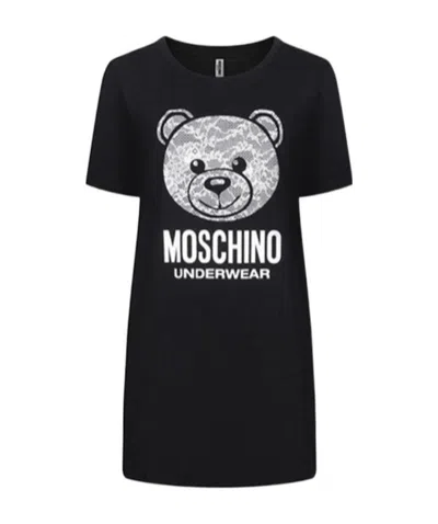 MOSCHINO BLACK LACE BEAR LOGO PRINTED T-SHIRT DRESS
