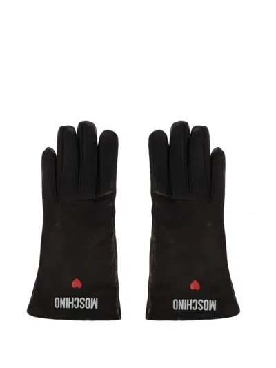 MOSCHINO LOGO-HEART LEATHER GLOVES