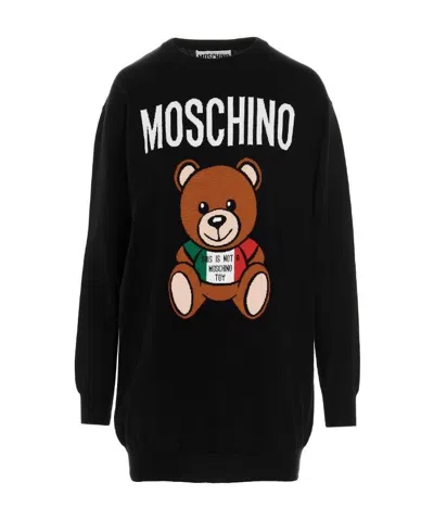 MOSCHINO LOGO-PRINT BEAR-MOTIF SWEATER DRESS